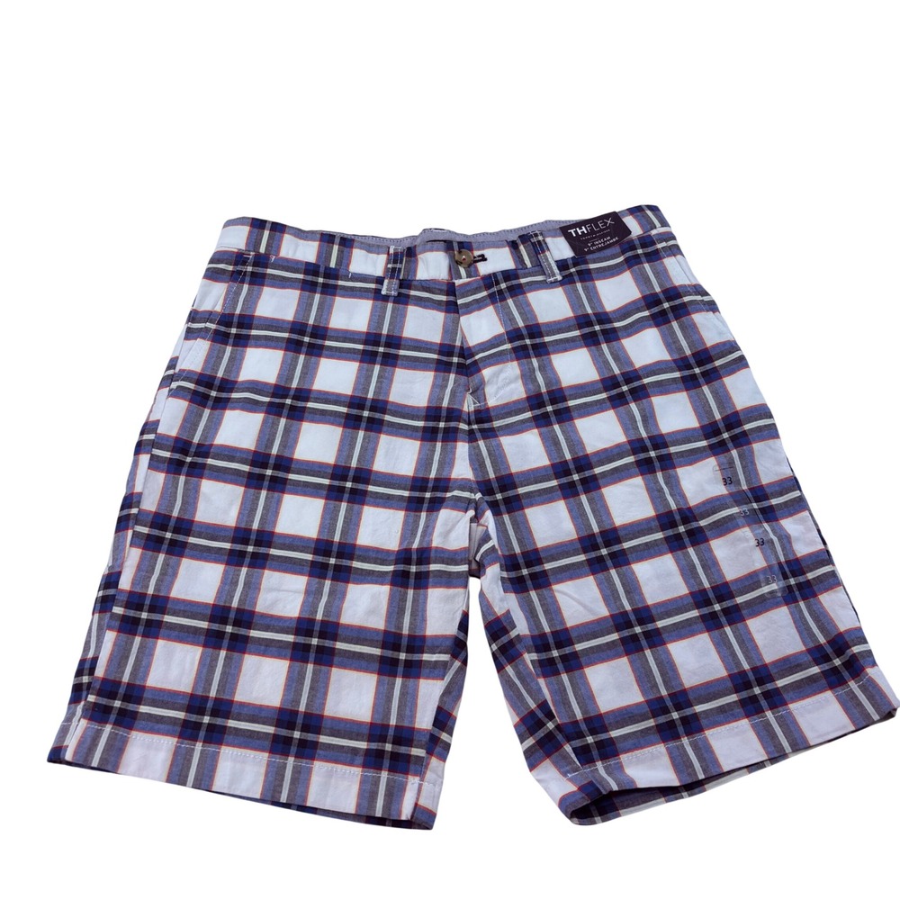 Tommy Hilfiger TH Flex Mens 33 Plaid Shorts Blue White Red 9 Inch Inseam